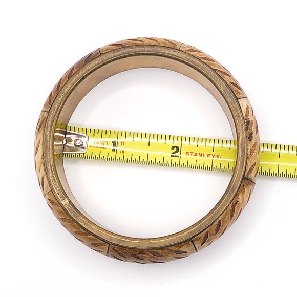 Set of 2 Vintage Hand-Carved Wood Bangles with Brass Interiors – 1" Wide - Picture 16 of 16